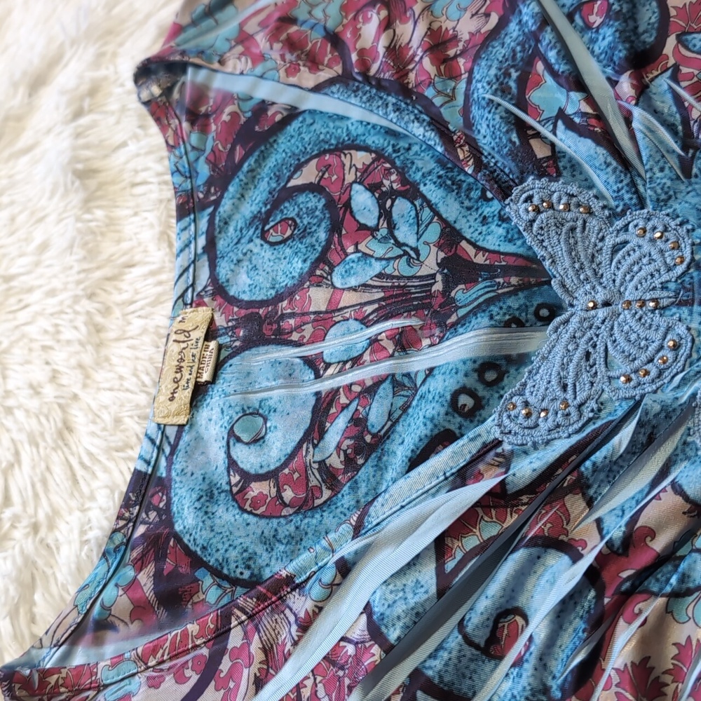 Y2K Oneworld Blue Pink Butterfly Embroidery Flutter Sleeve Fairycore Top Medium - Picture 2 of 13